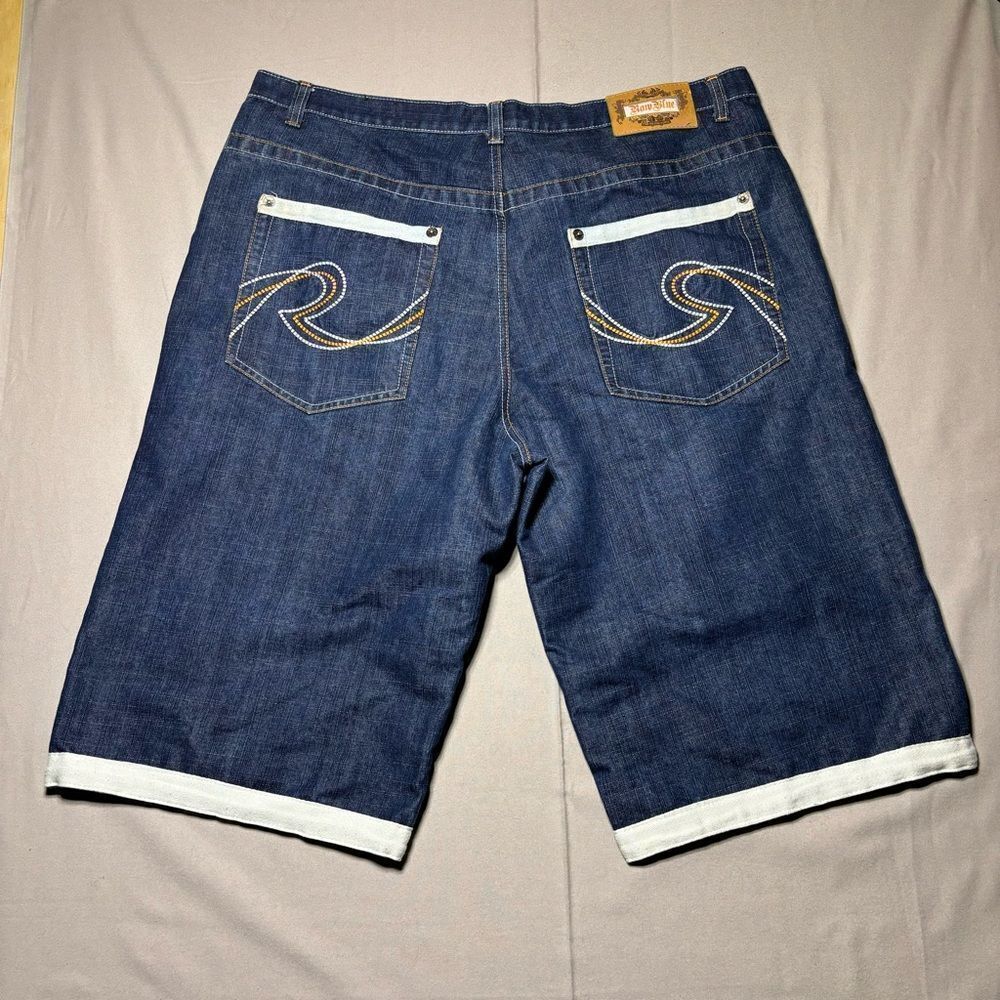 Vintage Raw Blue Shorts Size 42 Y2K Hip Hop‎ Skater Baggy Wide Leg White Trim